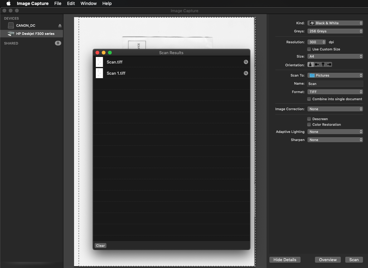 Image Capture screen HP DeskJet scanner