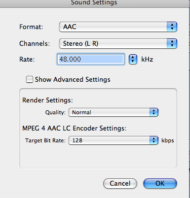 QuickTime audio export settings